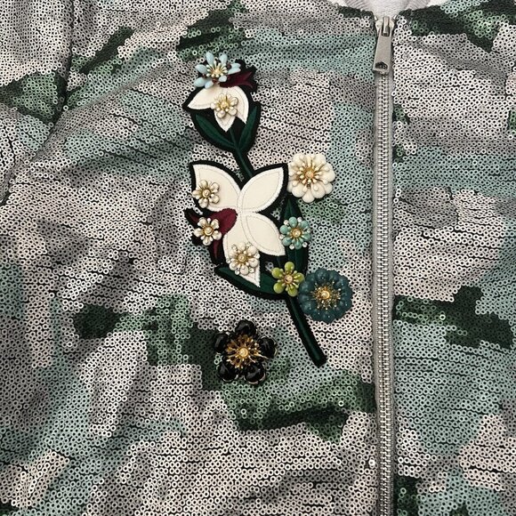 Boston Proper Sequin Camo Zip Varsity Jacket Size Large Embellished Floral - Picture 2 of 10
